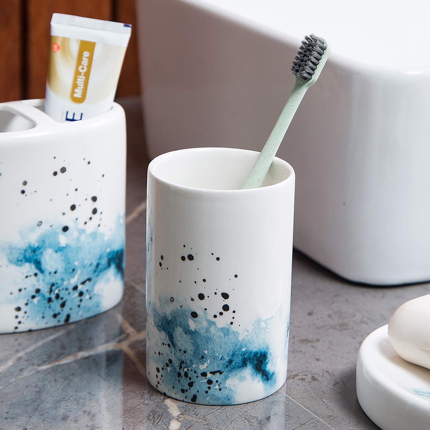 Ceramic 4-Piece Bathroom Accessories Set Complete Hand Paint Bath Countertop Accessory Soap Dispenser Set