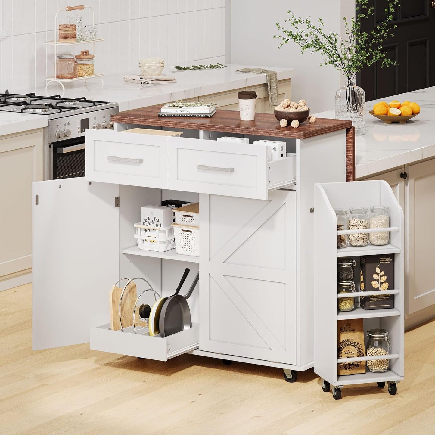 Stylish and Functional Portable White Kitchen Island with Trash Can Storage, Wheels, and Versatile Drawers for Small Spaces