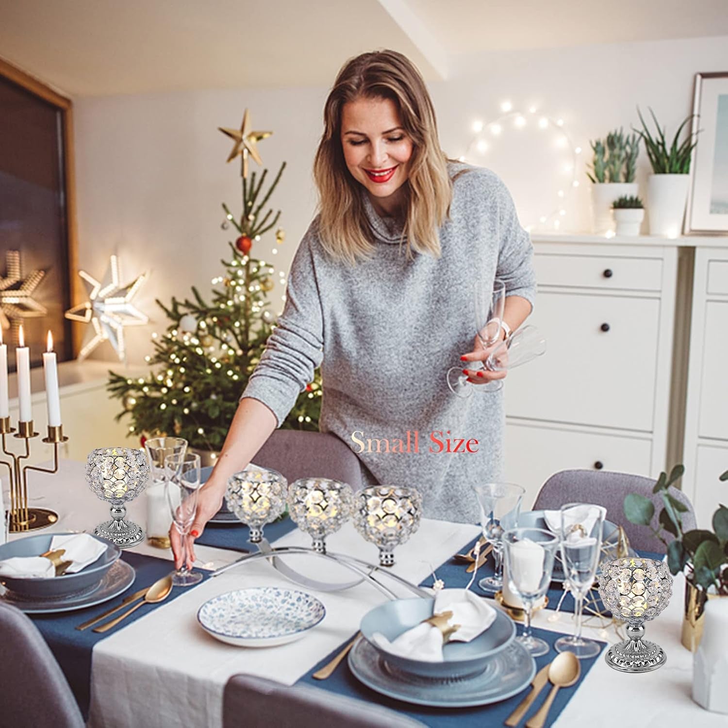 Elegant Silver Crystal 3-Arm Candle Holders - Unique Bling Tea Light Centerpiece