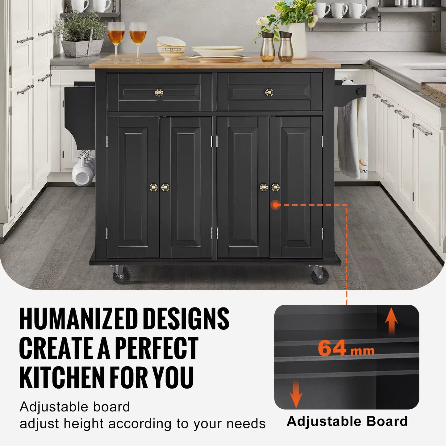 Utility Kitchen Cart with Storage and Expandable Top
