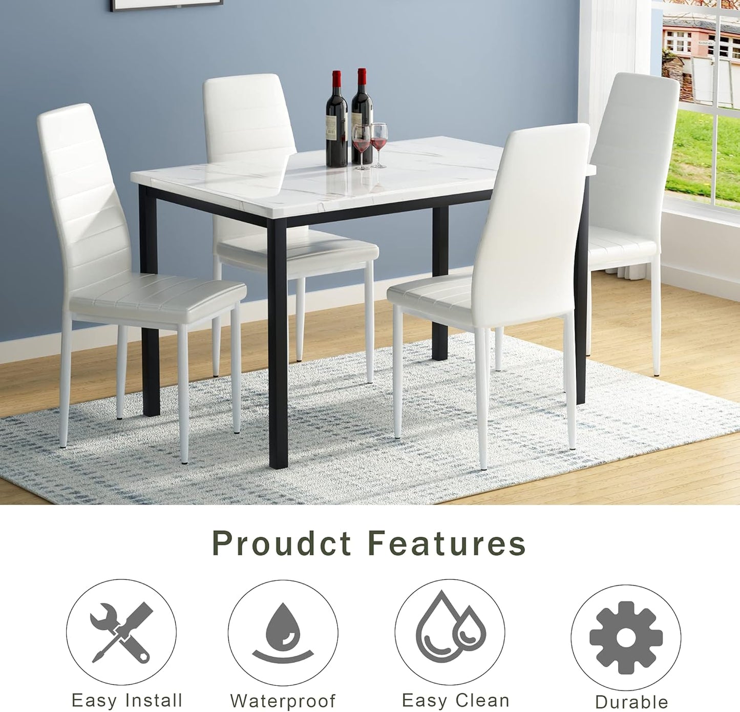 5-Piece Dining Table Set with Faux Marble Top and Faux Leather Upholstered Chairs, Ideal for Kitchen, Breakfast Nook, and Dining Room, White and Beige, 47.25" L x 27.56" W x 30.1" H