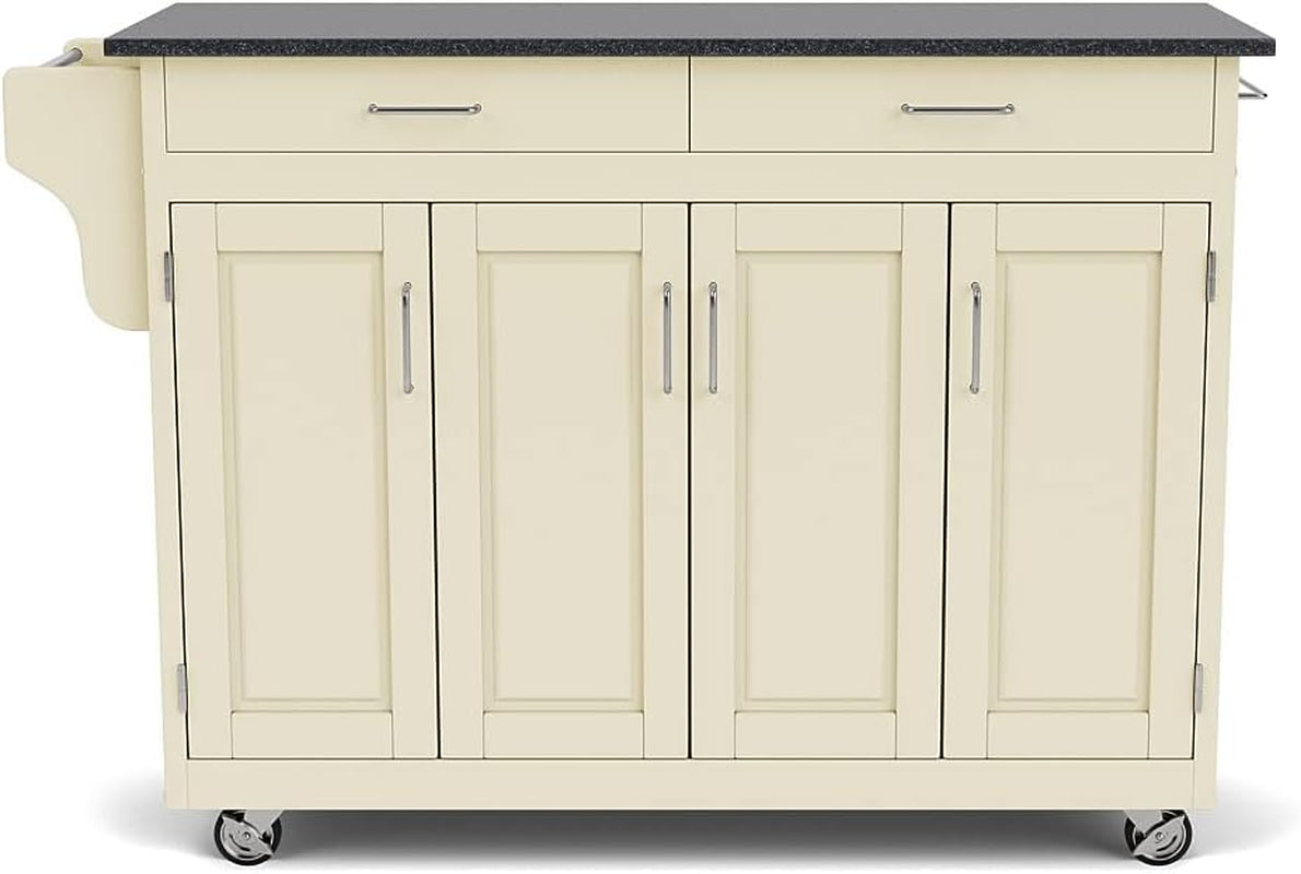 Home Styles Mobile Create-A-Cart Kitchen Cart with Black Granite Top and Four-Door Cabinet in White Finish, Featuring Adjustable Shelving