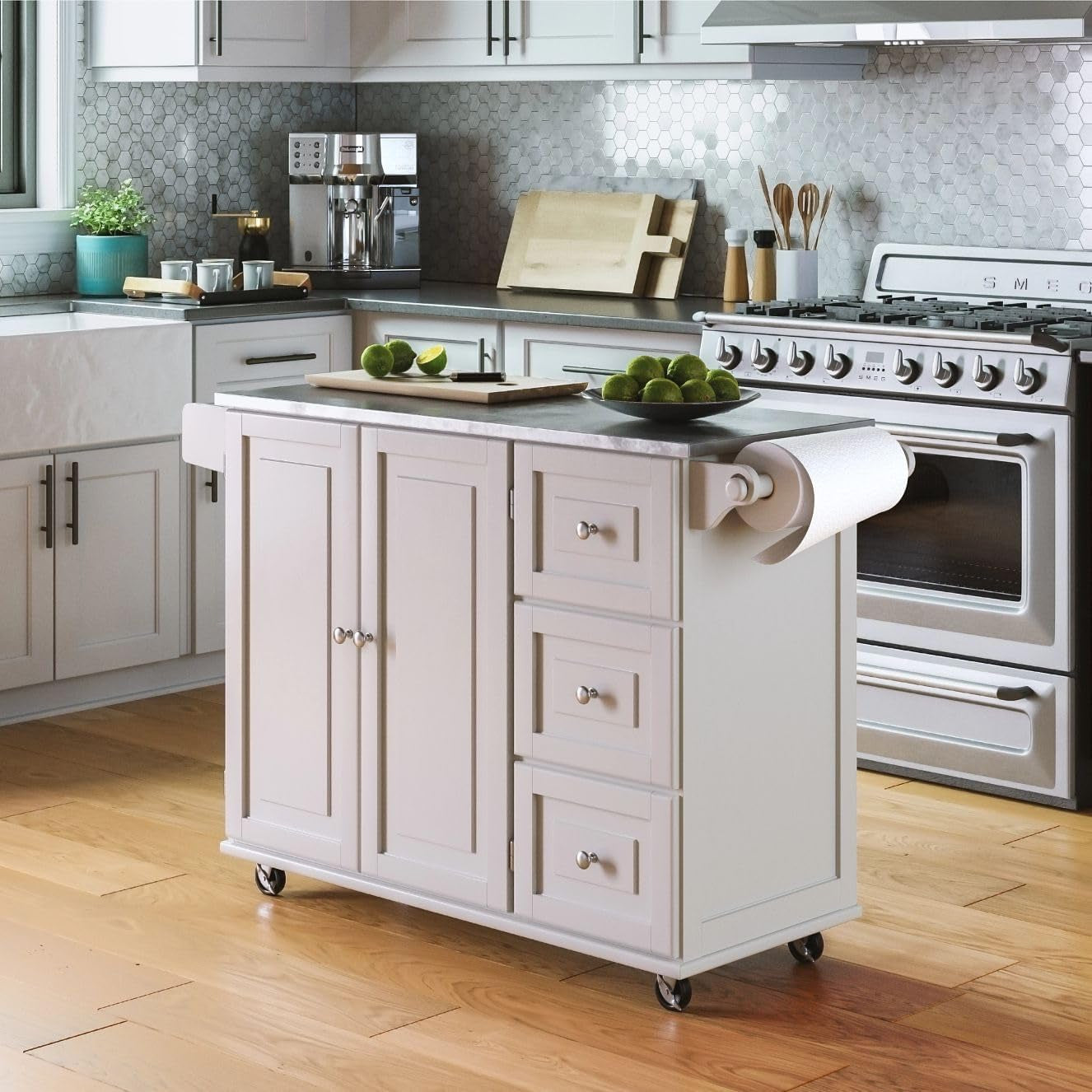 Dolly Madison 54-Inch Rolling Mobile Kitchen Island with Storage and Towel Rack in Off White