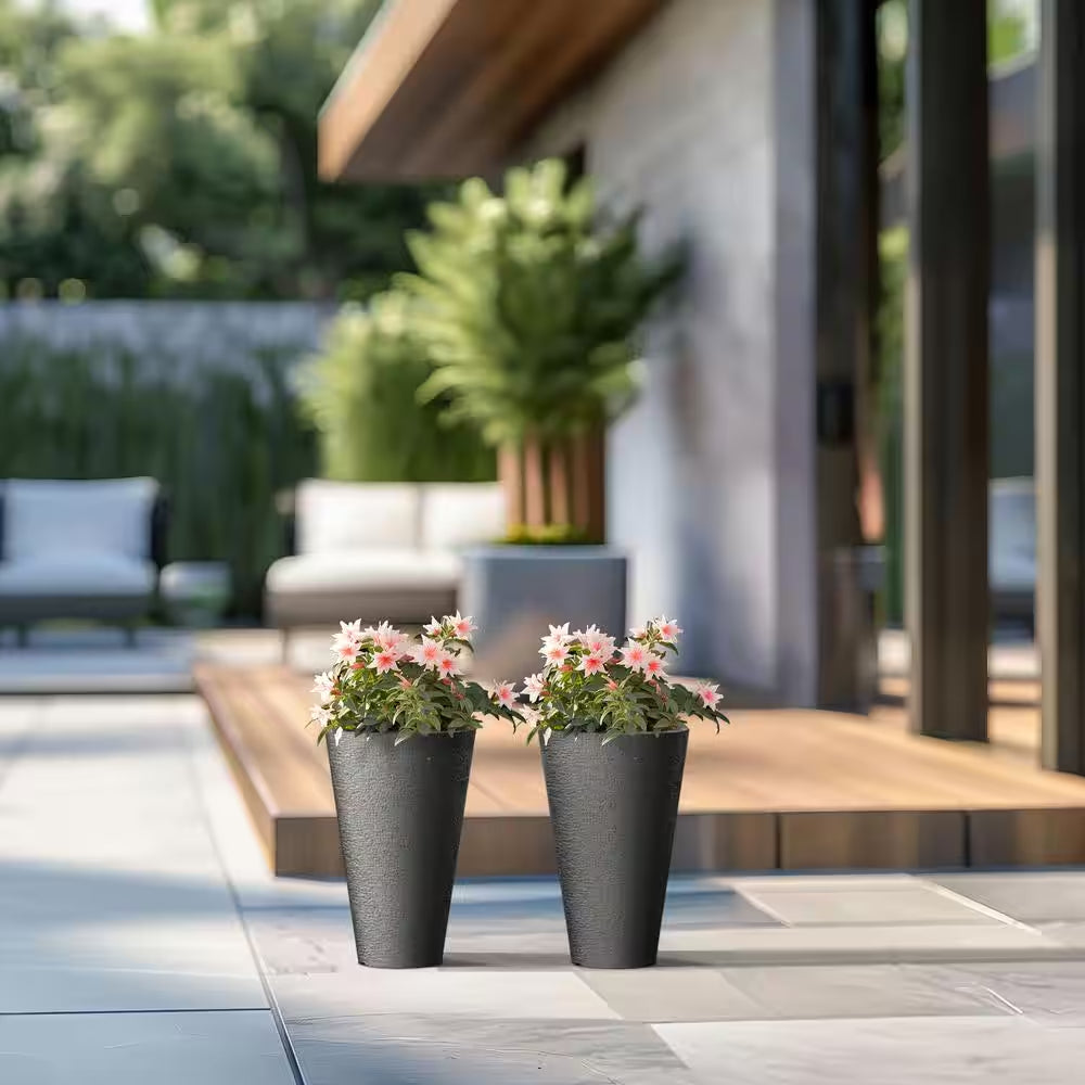Set of 2 Tall 27.57-Inch Square Charcoal Black Plastic Planters for Indoor and Outdoor Use