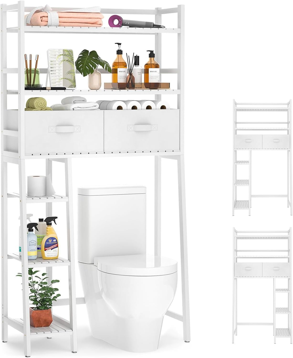 Bamboo 3-Tier Over-Toilet Organizer with Hooks – Freestanding Bathroom & Laundry Storage, White