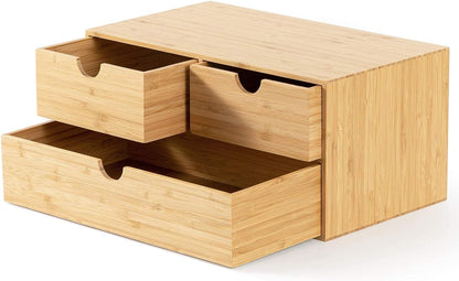 Bamboo Desk Drawer Organizer - Elegant Desktop Storage with 3 Drawers for Office, Home, and Vanity Supplies, No Assembly Needed