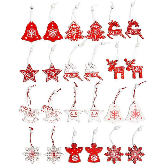 24-Piece Set of 2-Inch Nordic Snowflake Wooden Ornaments for Christmas Tree and Holiday Wall Decor