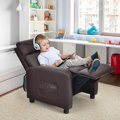Kids Leather Recliner Chair with Footrest & Side Pocket – Brown