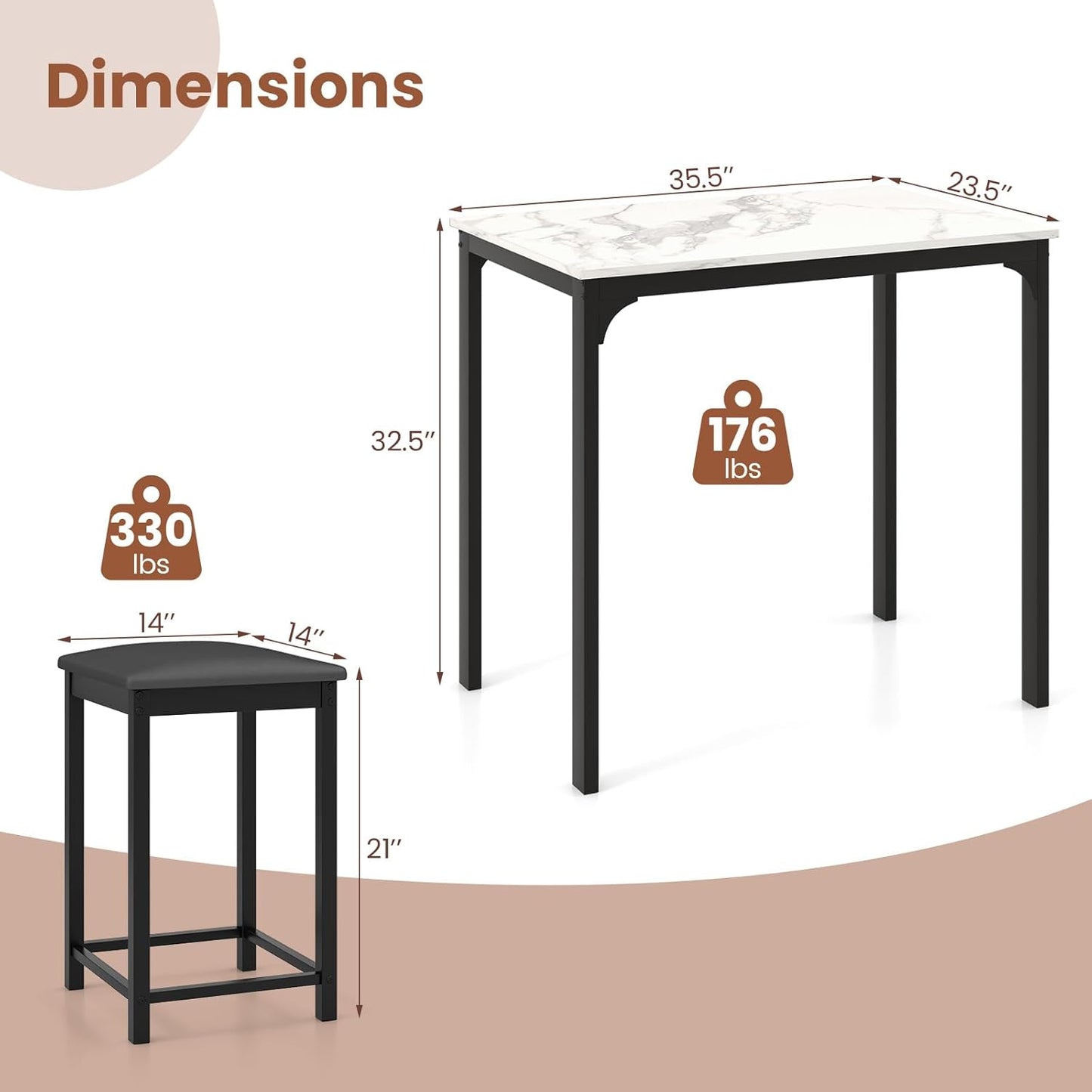 3-Piece Counter Height Dining Set for Two with Faux Marble Tabletop and Metal Frame, Ideal for Small Spaces and Apartments