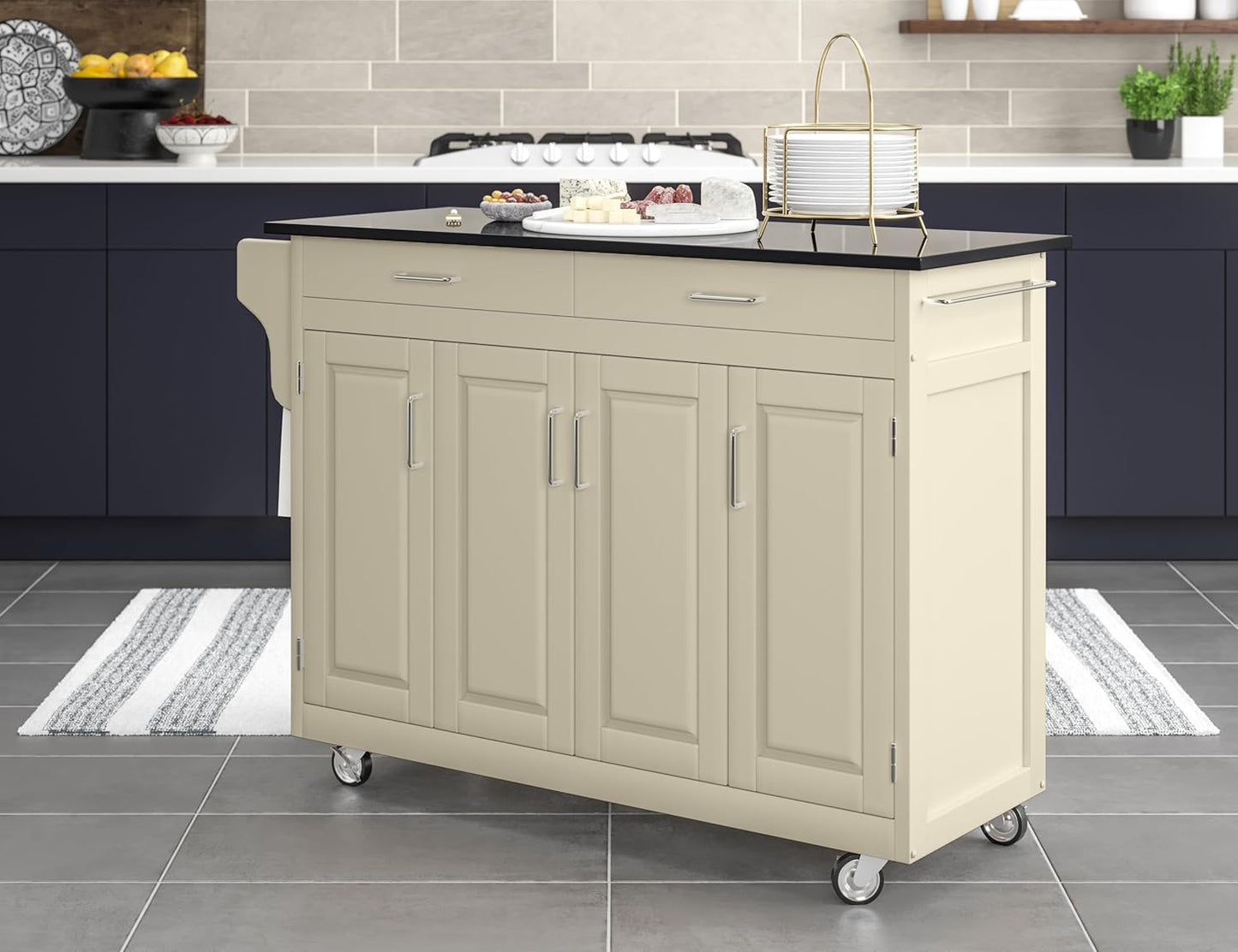 Home Styles Mobile Create-A-Cart Kitchen Cart with Black Granite Top and Four-Door Cabinet in White Finish, Featuring Adjustable Shelving