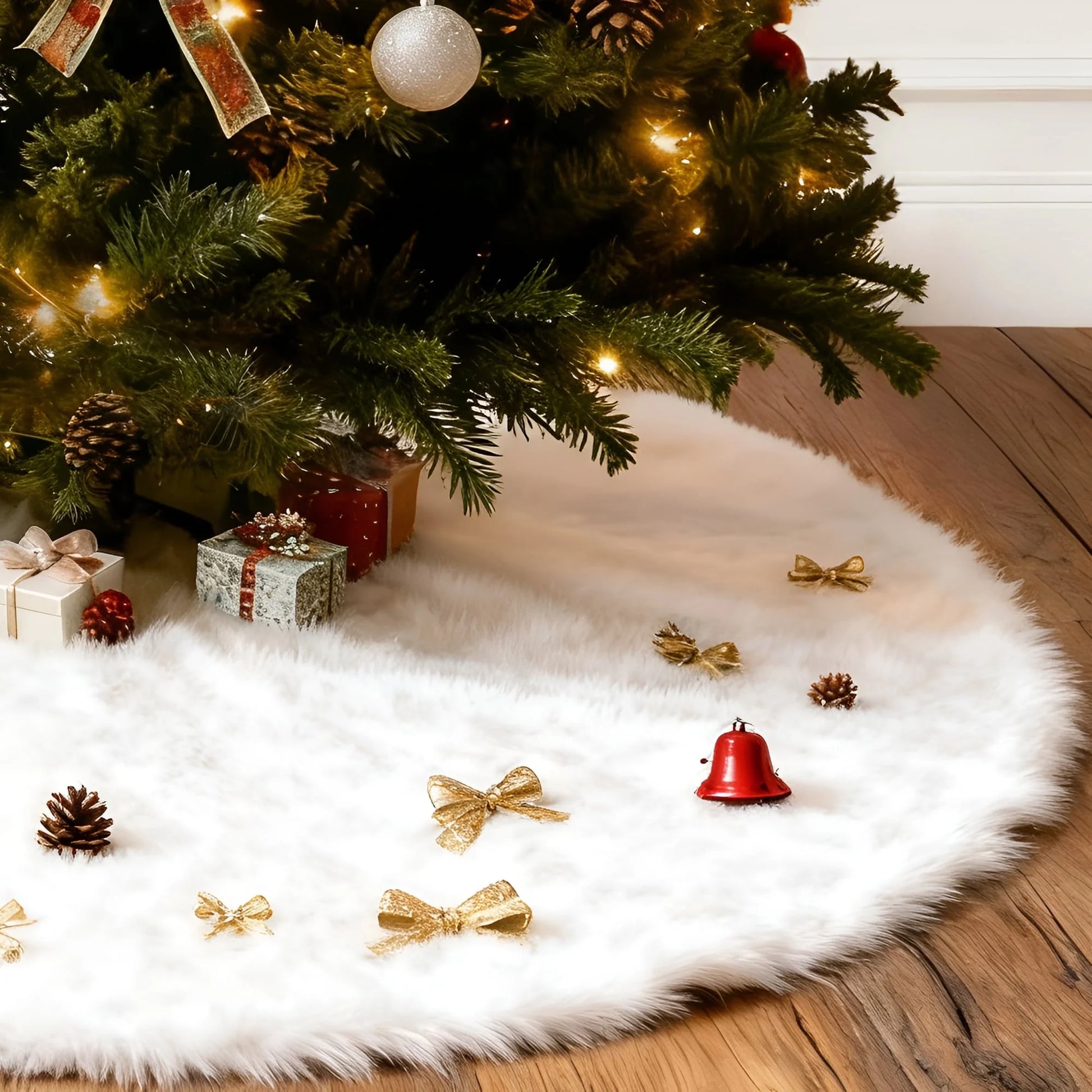 30-Inch Faux Fur Christmas Tree Skirt - Plush Winter Holiday Mat in Snowy White