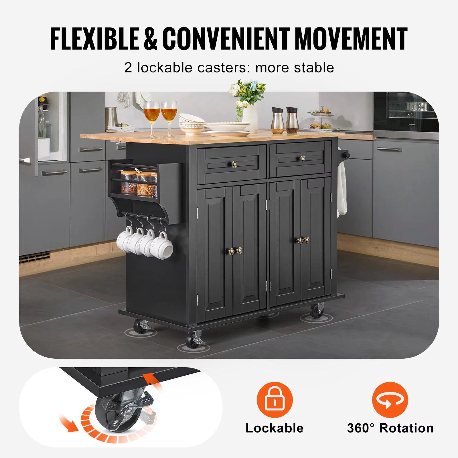 Utility Kitchen Cart with Storage and Expandable Top
