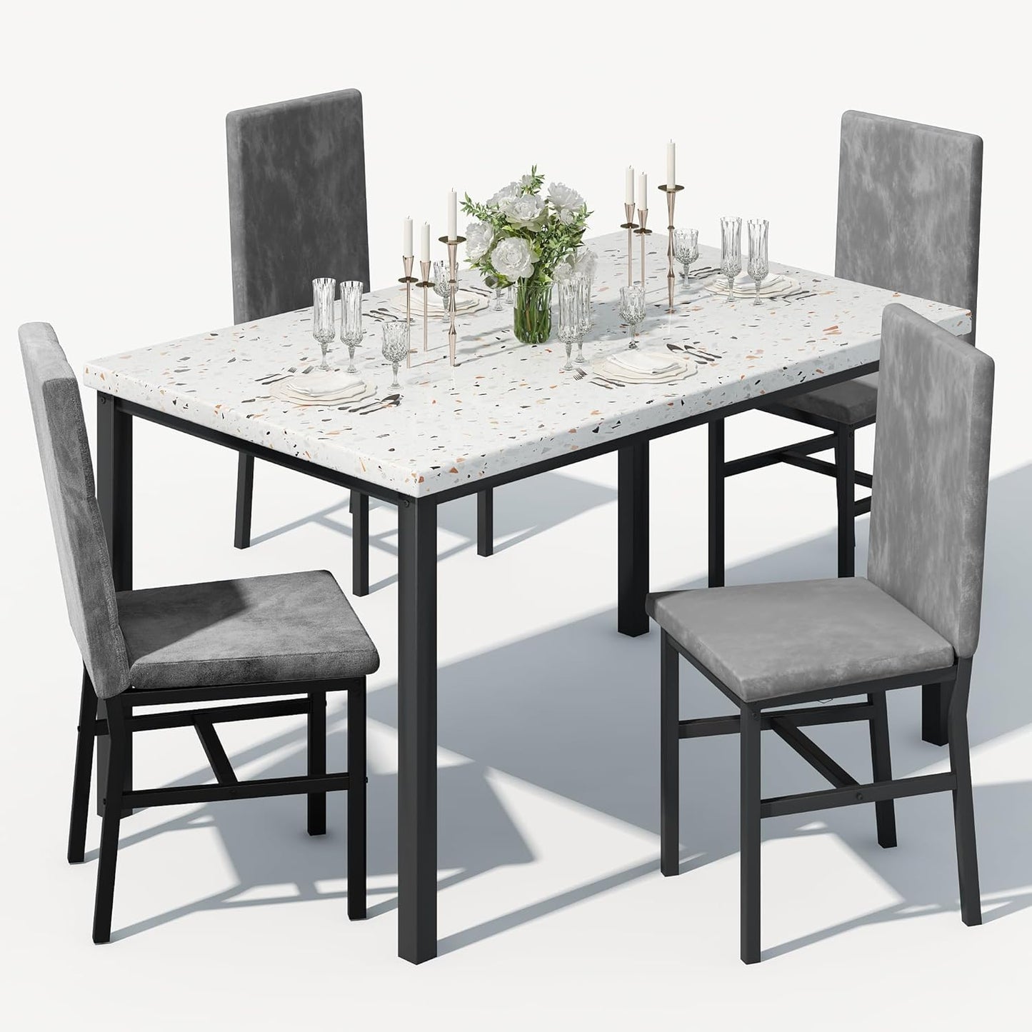 5-Piece Dining Table Set with Faux Marble Top and Faux Leather Upholstered Chairs, Ideal for Kitchen, Breakfast Nook, and Dining Room, White and Beige, 47.25" L x 27.56" W x 30.1" H