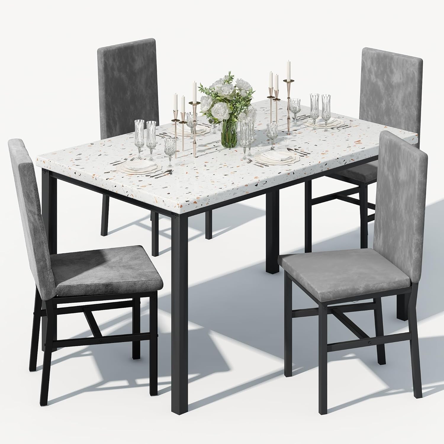 5-Piece Dining Table Set with Faux Marble Top and Faux Leather Upholstered Chairs, Ideal for Kitchen, Breakfast Nook, and Dining Room, White and Beige, 47.25" L x 27.56" W x 30.1" H
