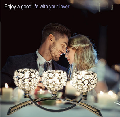 Elegant Silver Crystal 3-Arm Candle Holders - Unique Bling Tea Light Centerpiece