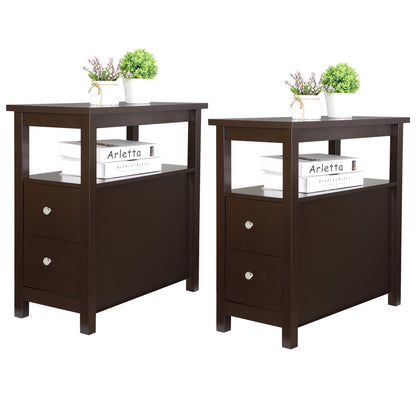 Set of 2 Narrow End Table W/2 Drawers Open Shelf Sofa Side Table for Living Room