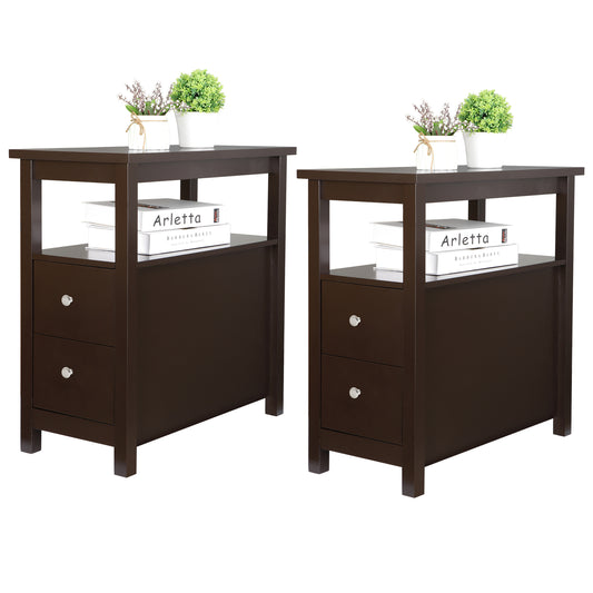 Set of 2 Narrow End Table W/2 Drawers Open Shelf Sofa Side Table for Living Room