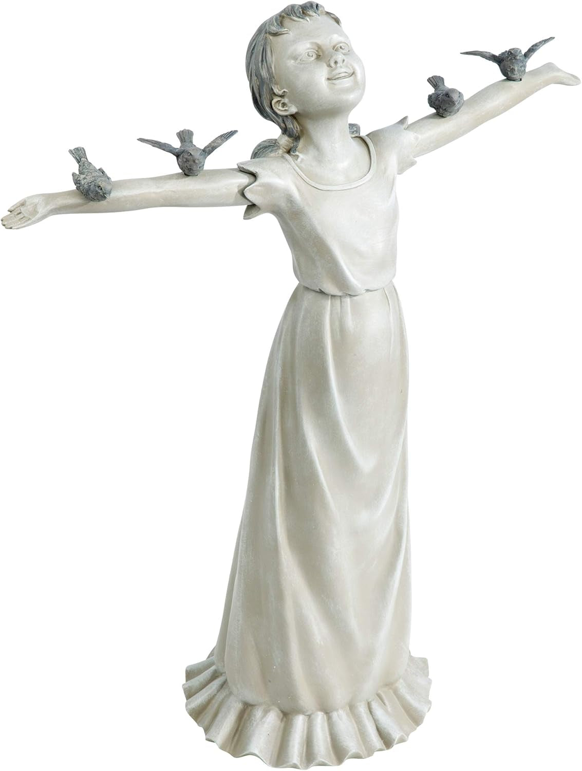 Basking in Glory Outdoor Garden Statue of Little Girl with Birds, 29 Inches Tall, Cast Stone Resin with Two-Tone Finish