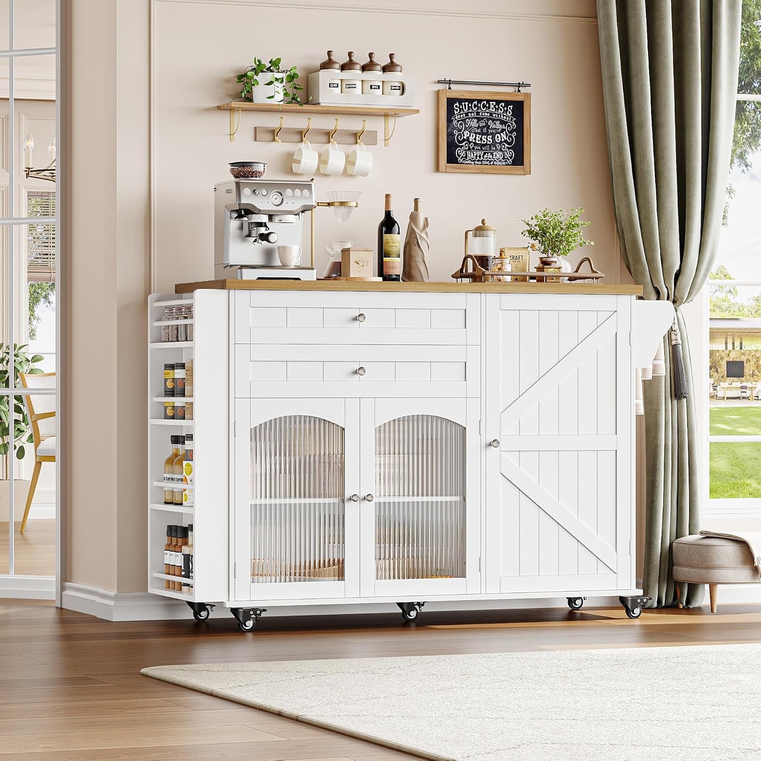 Elevate Your Kitchen Experience with the Stylish and Functional Rolling Kitchen Island - Complete with Storage, Wood Drop Leaf Countertop, and Convenient Wheels