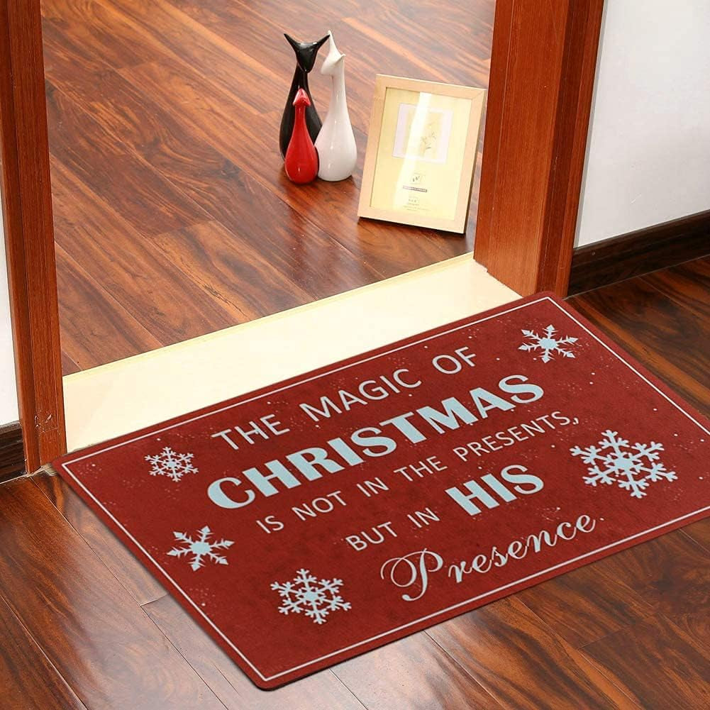 Red Christmas Doormat - Decorative Holiday Welcome Mat with Snowflake Design for Indoor/Outdoor Use, Non-Slip, 17x29 Inches